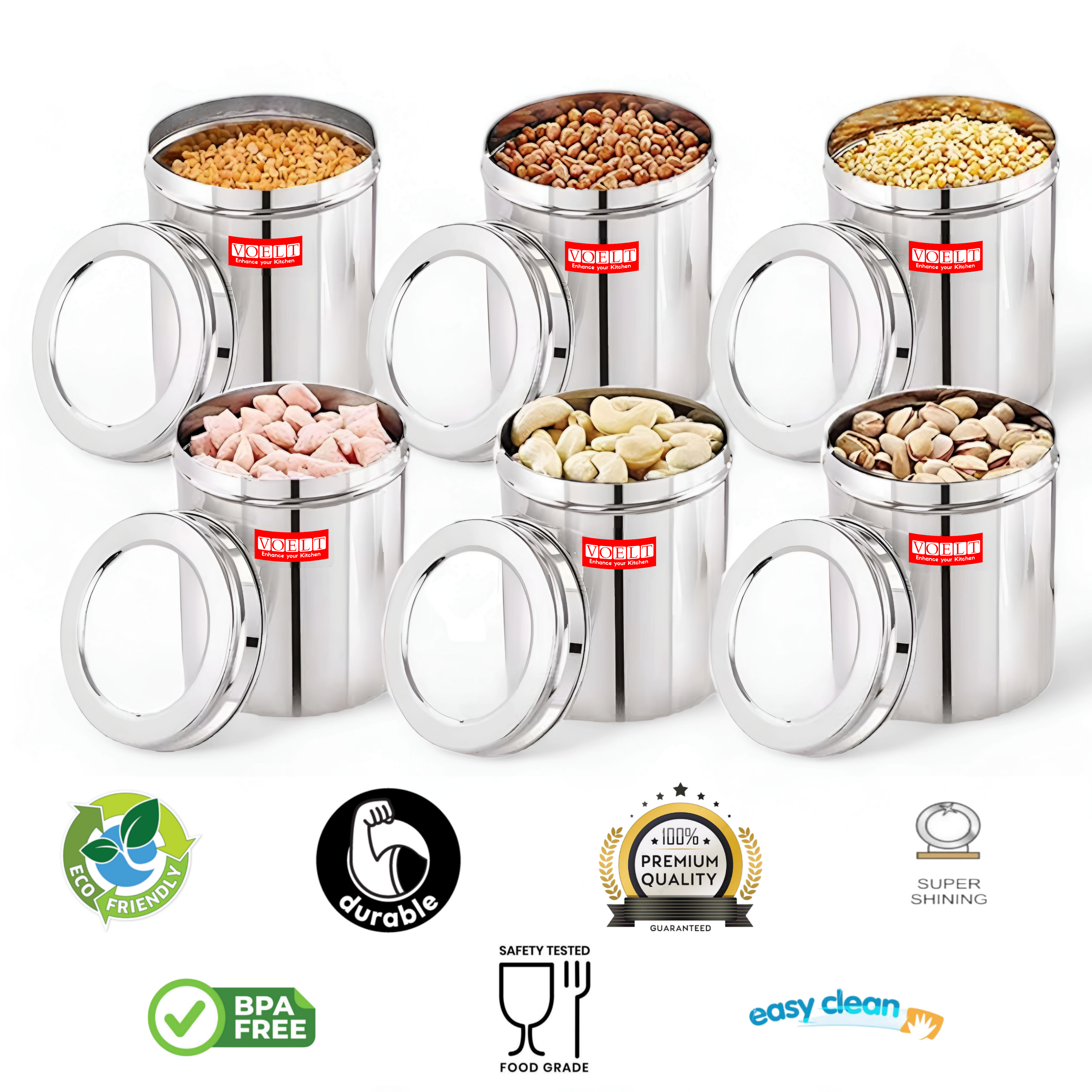 VOELT Airtight Stainless Steel Container – Ideal for Spices, Snacks, Grains- 1 kg  (Pack of 6, Silver)
