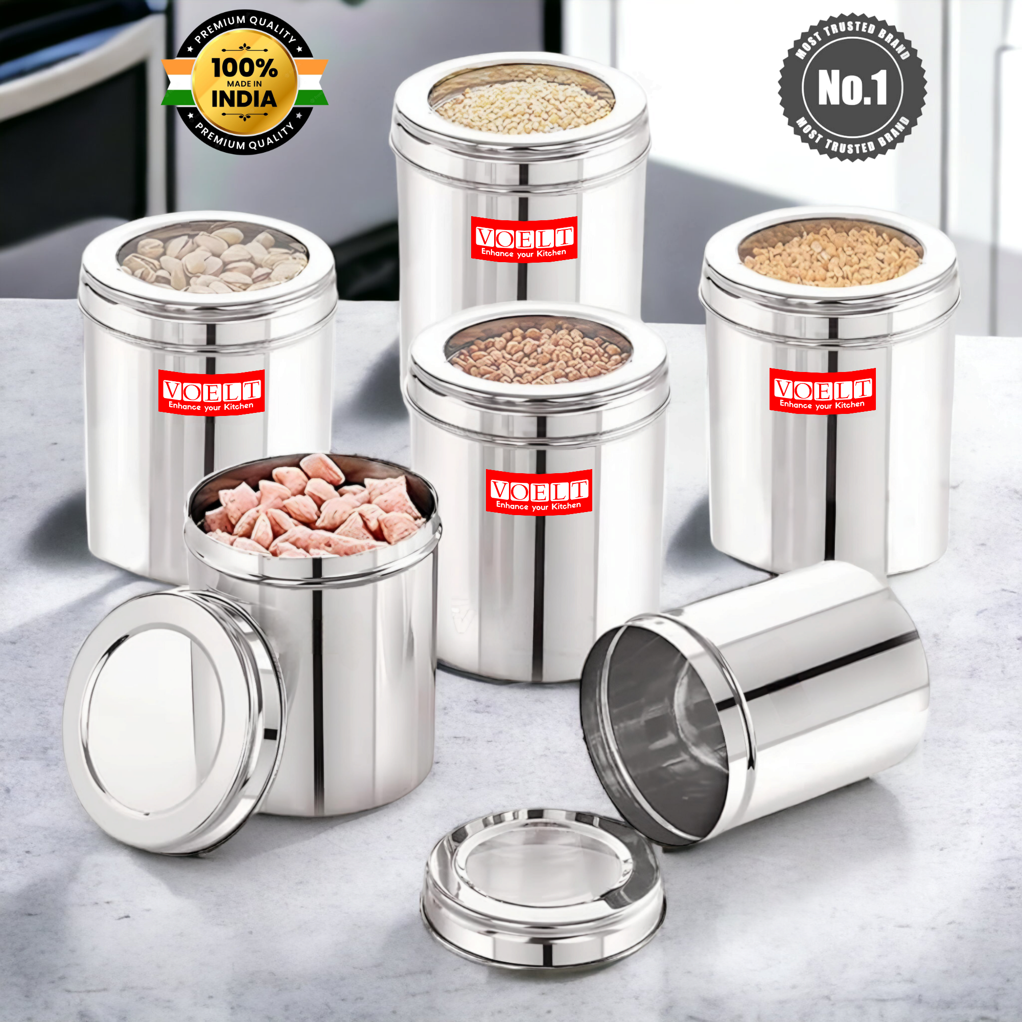 VOELT Airtight Stainless Steel Container – Ideal for Spices, Snacks, Grains- 1 kg  (Pack of 6, Silver)