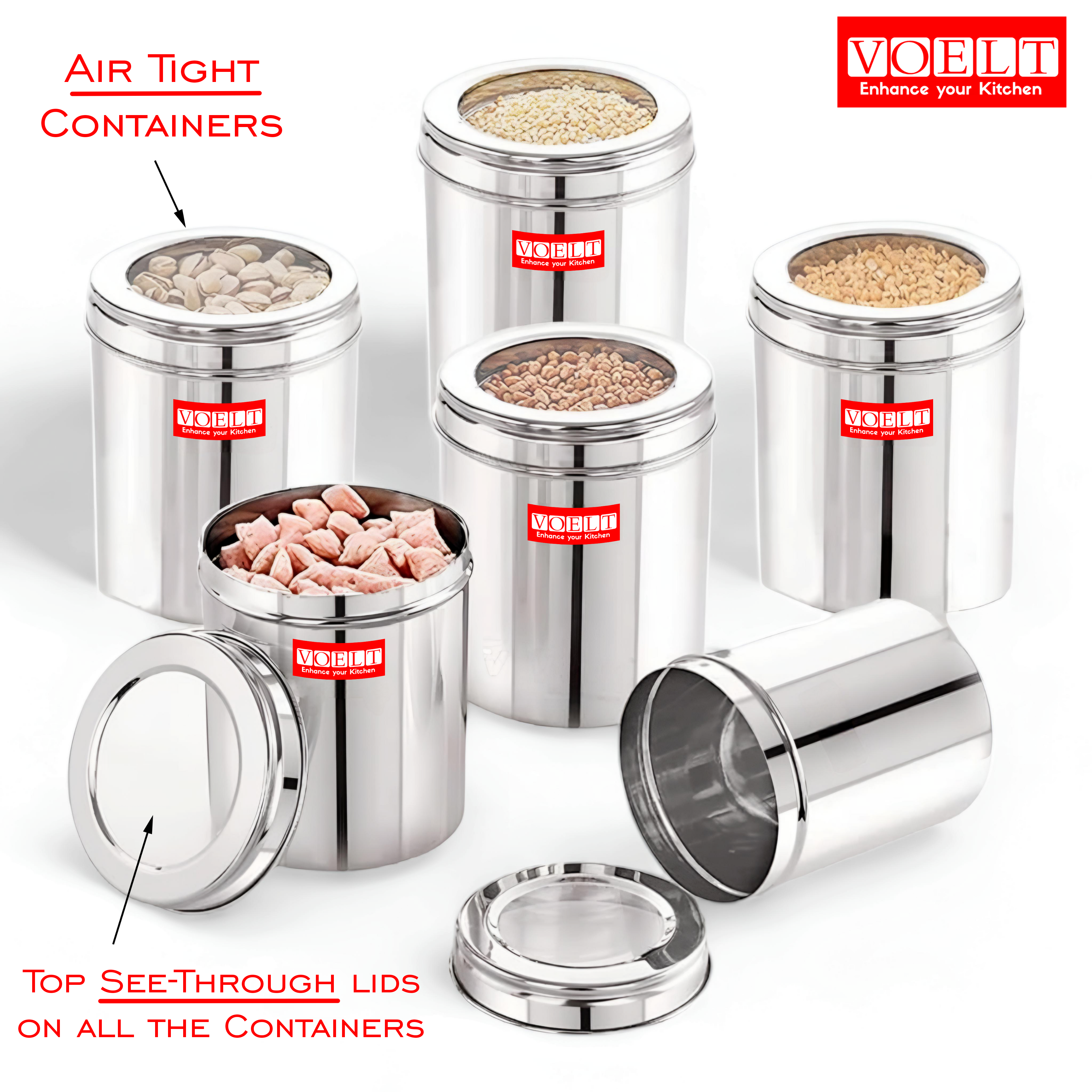 VOELT Airtight Stainless Steel Container – Ideal for Spices, Snacks, Grains- 1 kg  (Pack of 6, Silver)