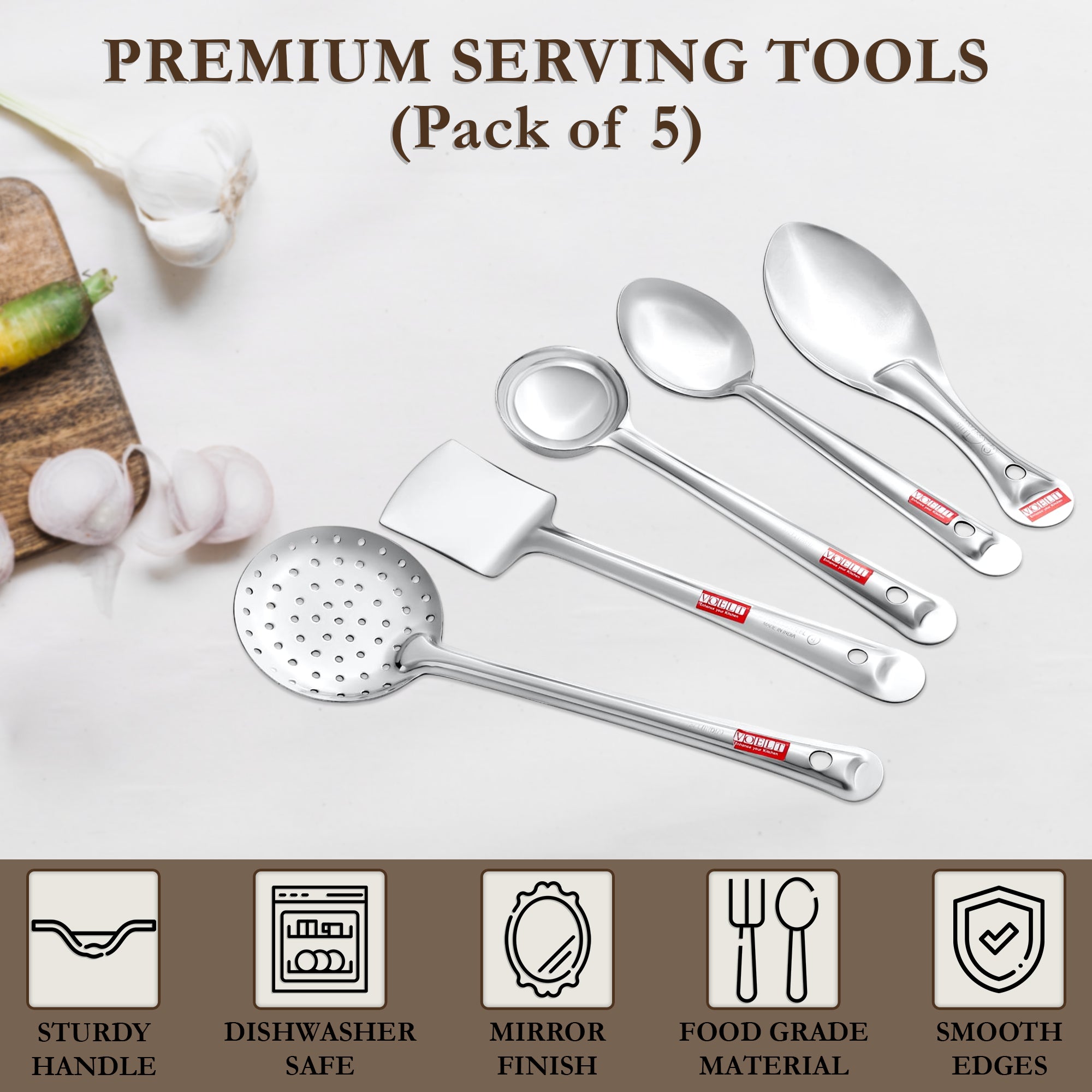 VOELT Stainless Steel Serving Spoon Set of 5 Premium Spoons for Home, Kitchen & Table Use