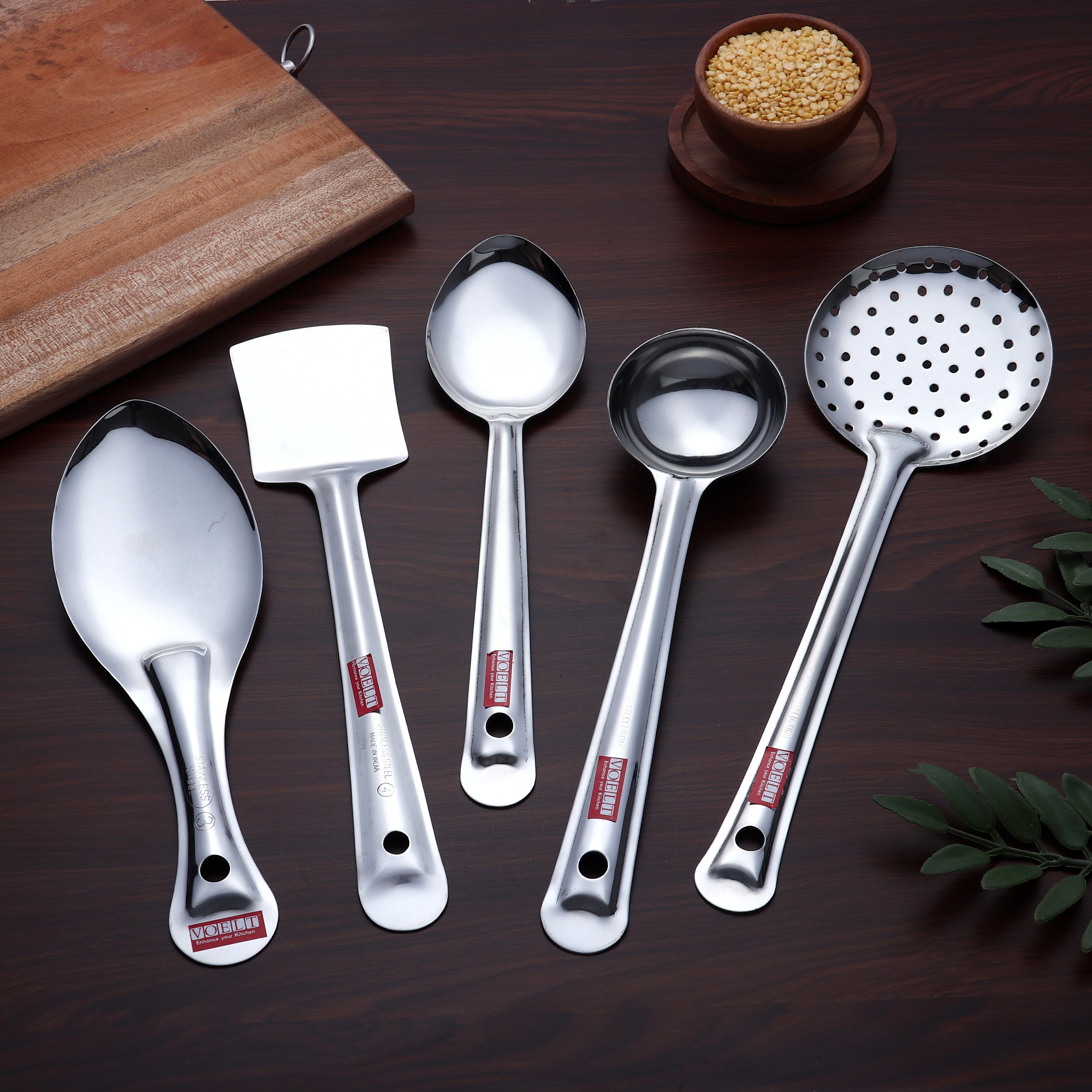 VOELT Stainless Steel Serving Spoon Set of 5 Premium Spoons for Home, Kitchen & Table Use