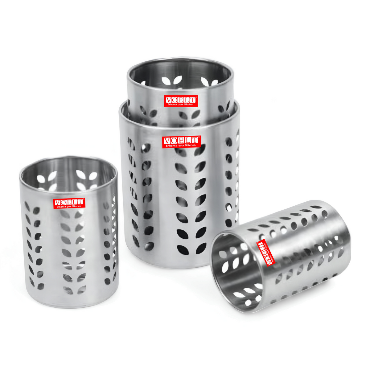 VOELT 4-Piece Stainless Steel Cutlery Set with Holder – Stylish Table Organizer or Office Desk Stand