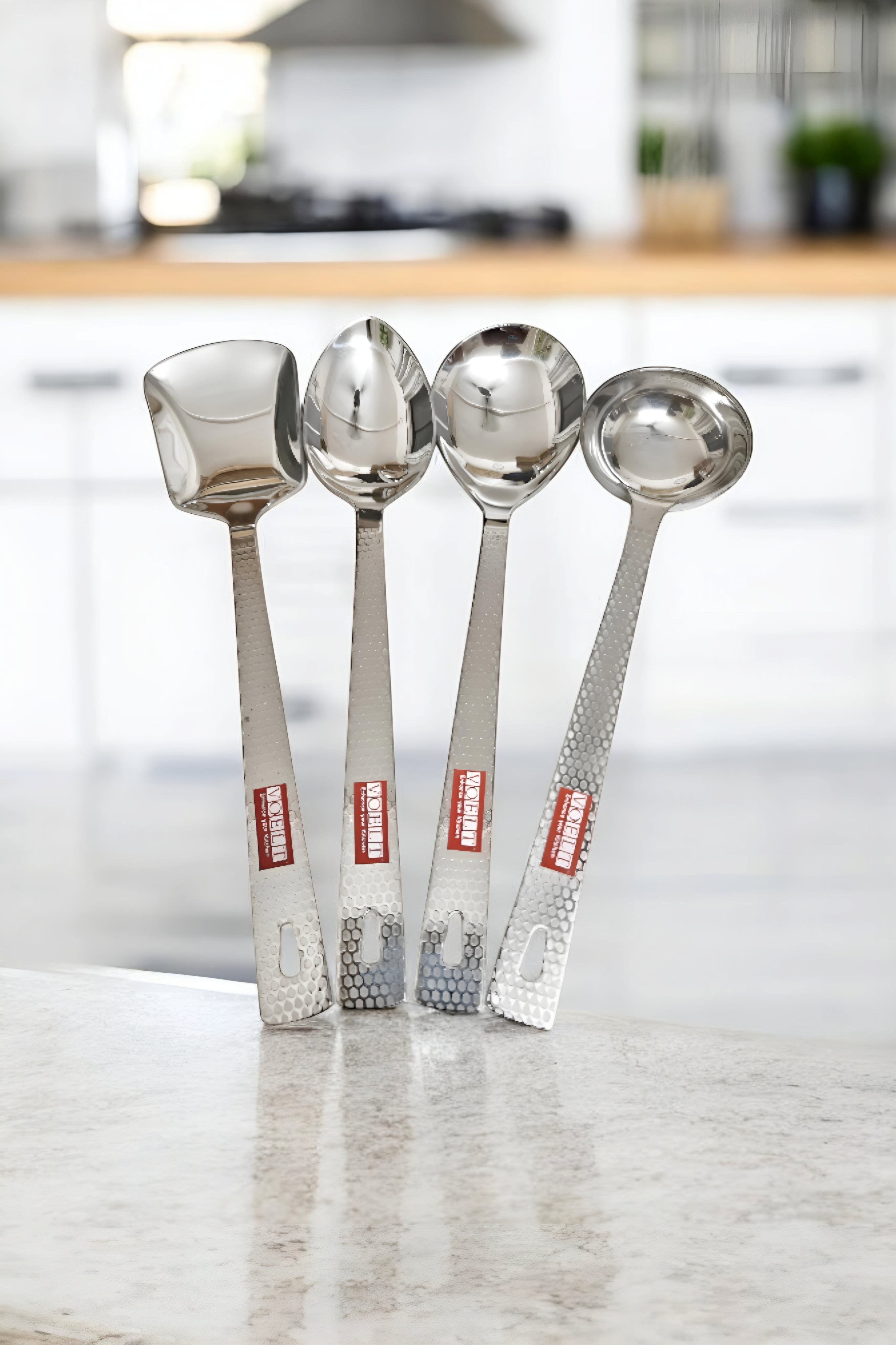 VOELT Set of 4 Stainless Steel Serving Spoons – Hammered Handle | Premium Kitchen & Dining Cutlery