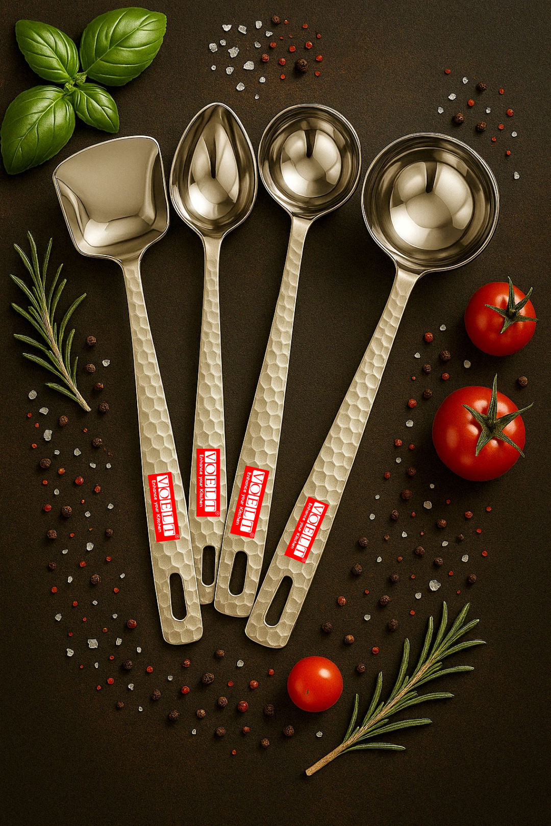 VOELT Set of 4 Stainless Steel Serving Spoons – Hammered Handle | Premium Kitchen & Dining Cutlery