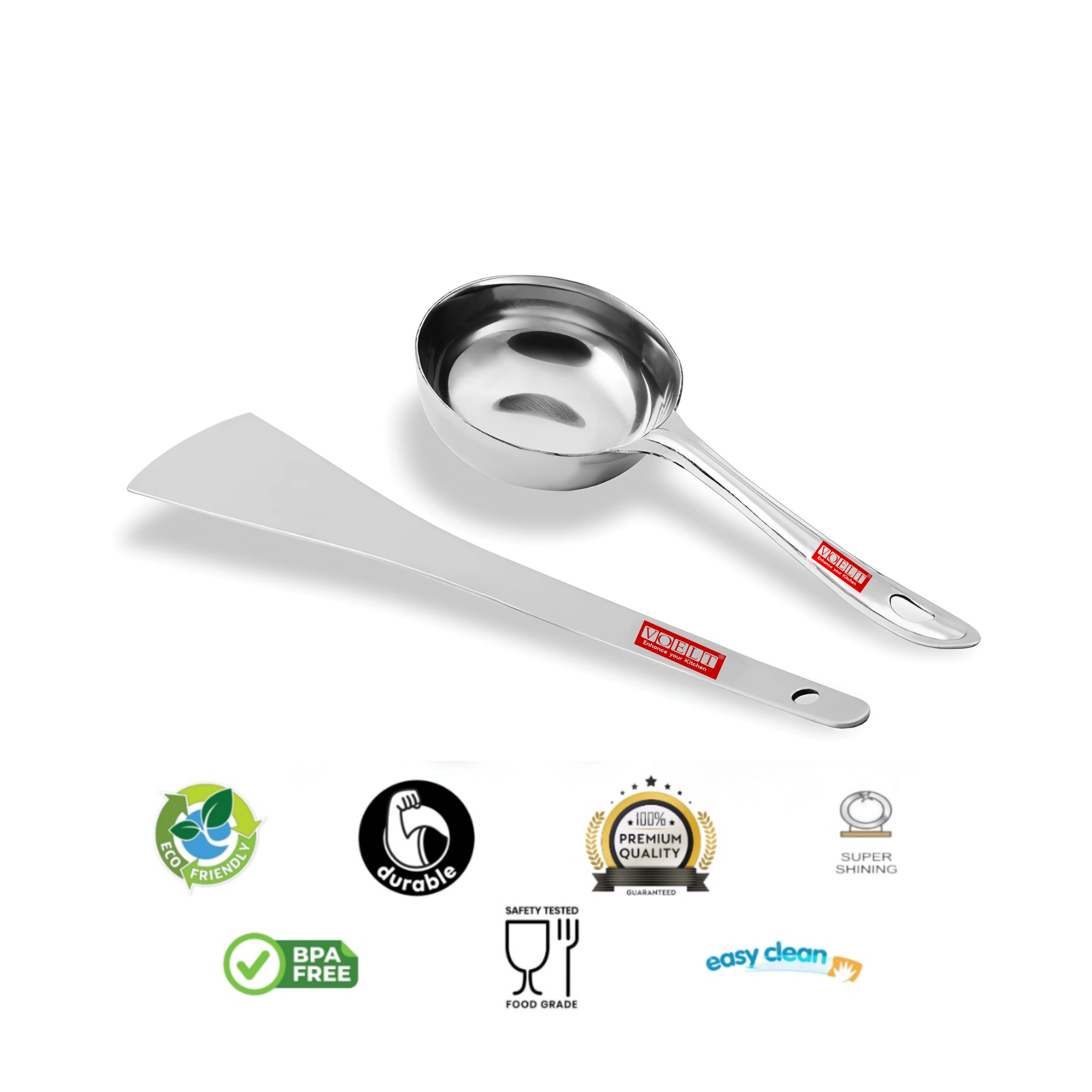 VOELT Stainless Steel Perfect Dosa making Spoon/Ladle set of 2 Pcs (1 Turner, 1 Short Pour Ladle with Flat Base), 29.3 Centimeter