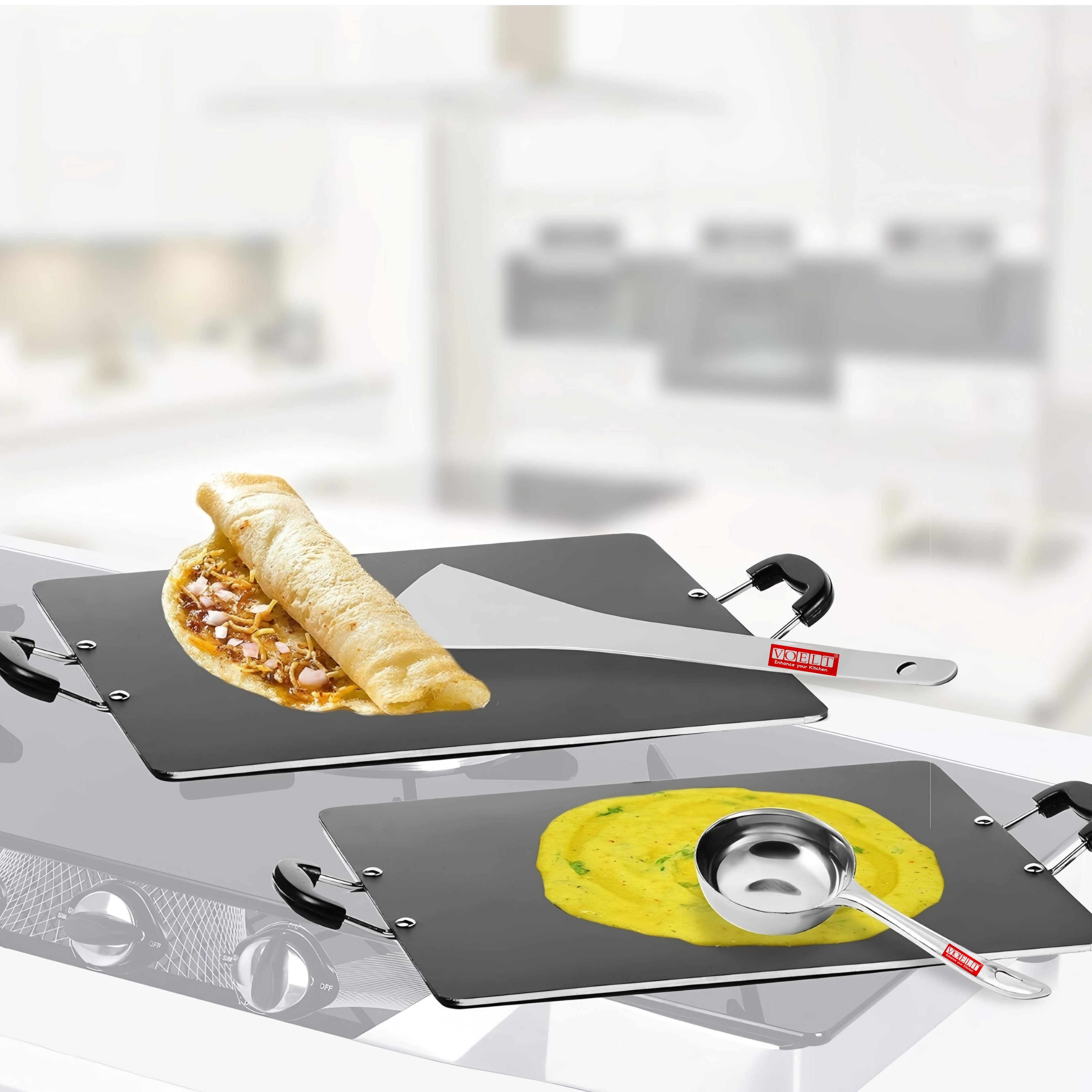 VOELT Stainless Steel Perfect Dosa making Spoon/Ladle set of 2 Pcs (1 Turner, 1 Short Pour Ladle with Flat Base), 29.3 Centimeter