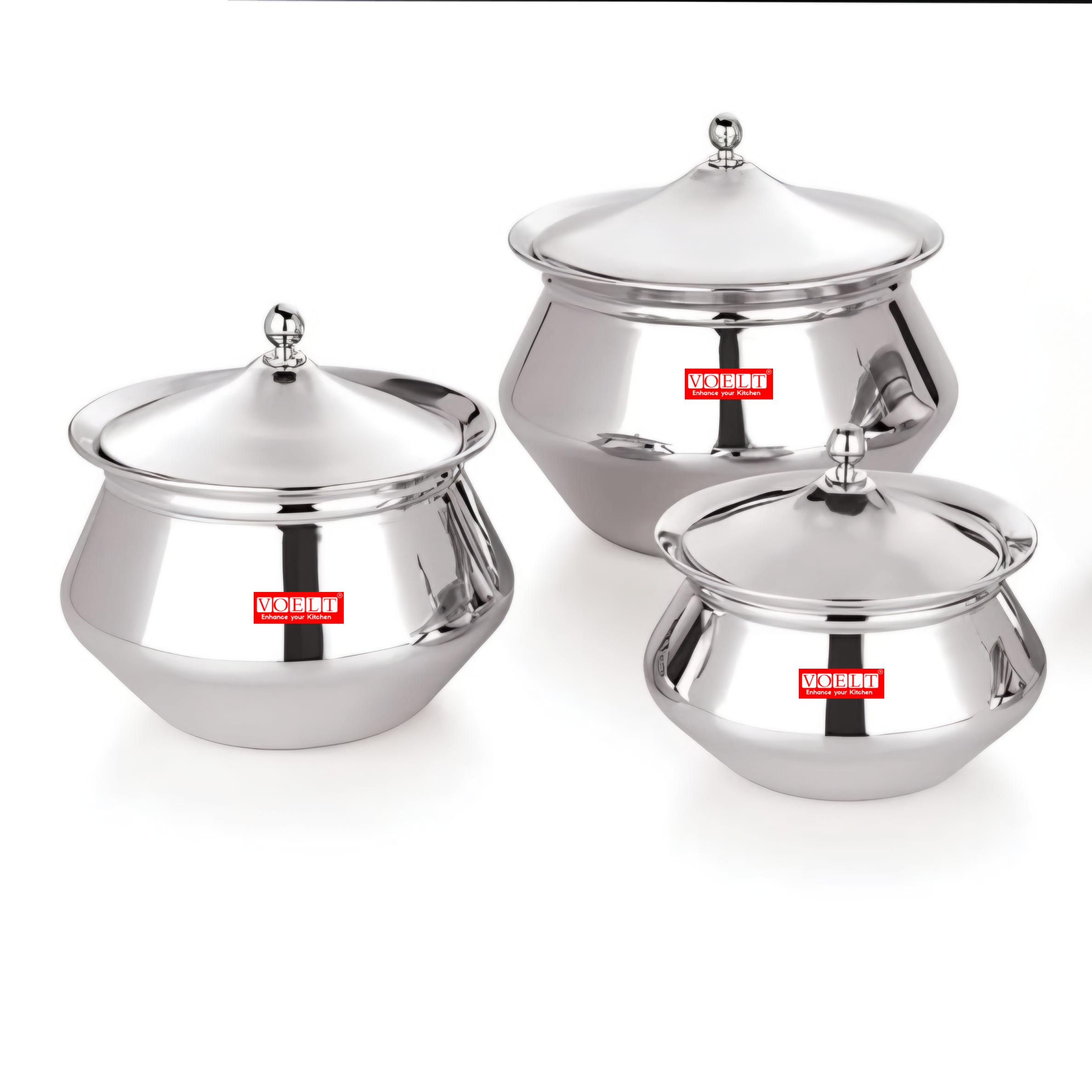 VOELT Stainless Steel Handcrafted Handi Set with Lid for Kitchen, Set of 3, 600ml, 1L & 1.15L, Silver