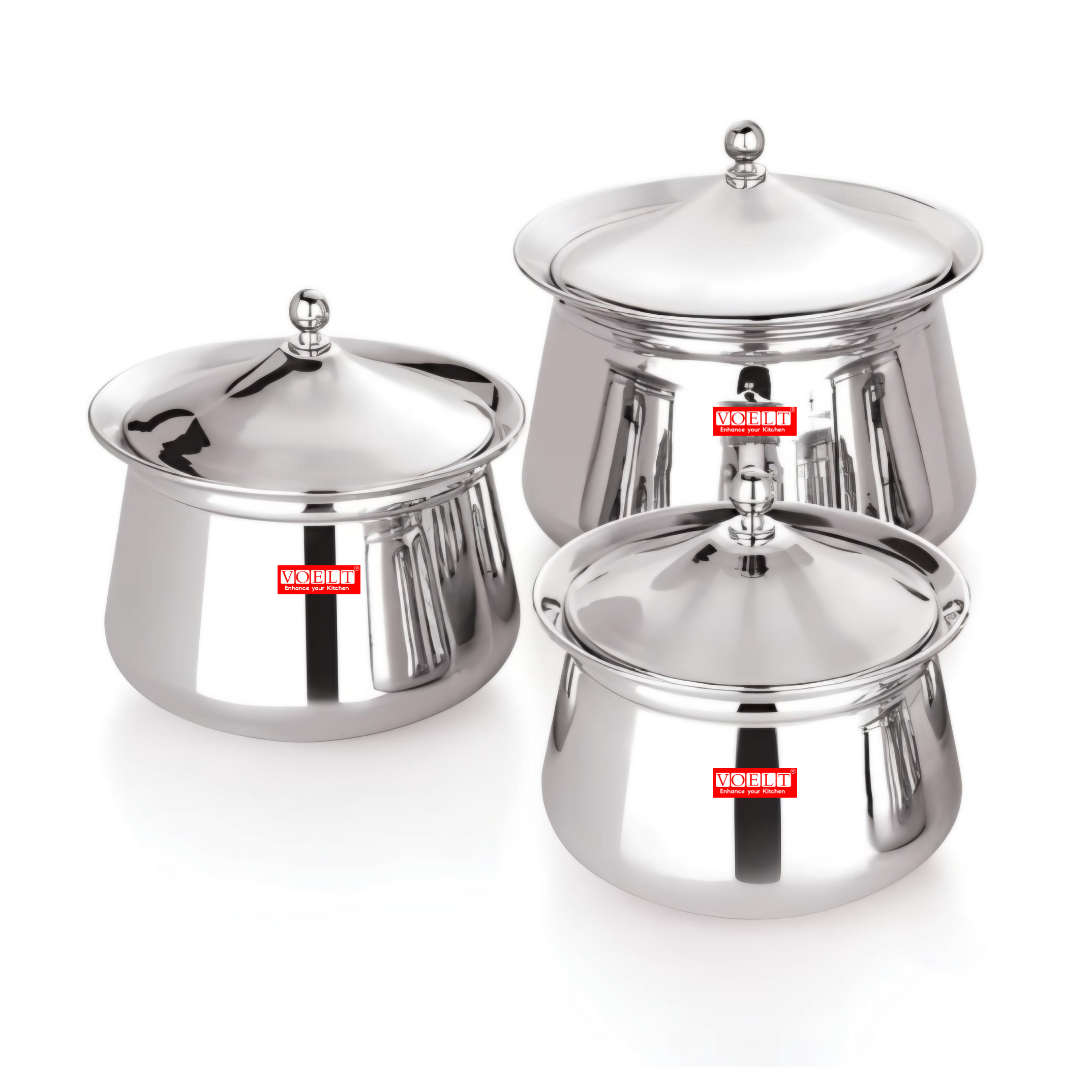 VOELT Stainless Steel Ruby Handi Set with Lid for Kitchen, Set of 3, 600ml, 1L & 1.15L, Silver