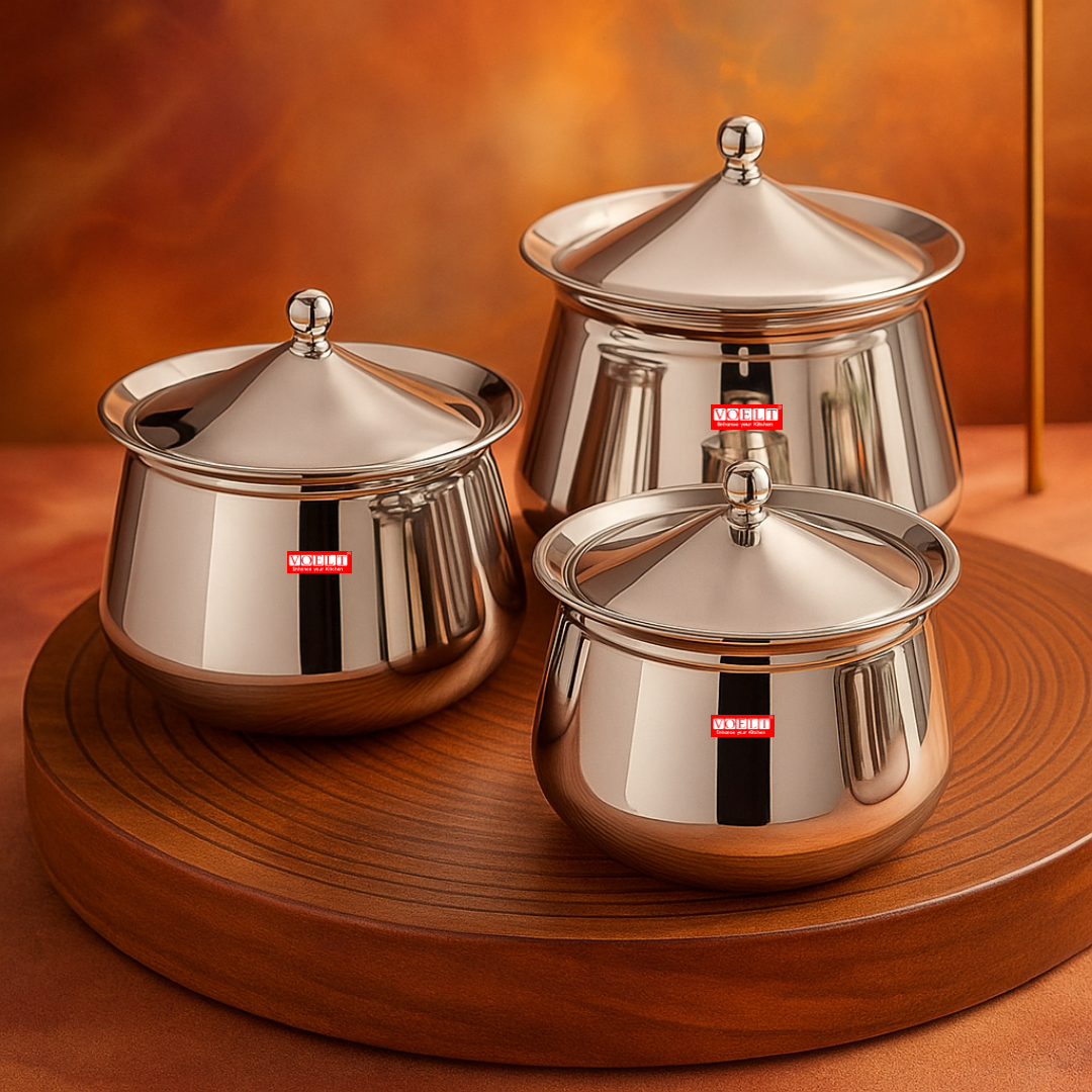 VOELT Stainless Steel Ruby Handi Set with Lid for Kitchen, Set of 3, 600ml, 1L & 1.15L, Silver