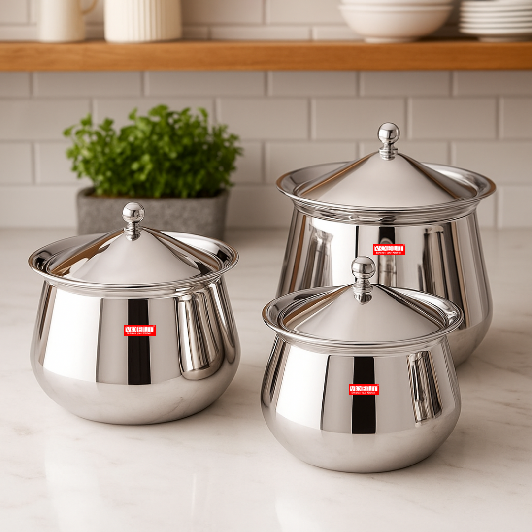 VOELT Stainless Steel Ruby Handi Set with Lid for Kitchen, Set of 3, 600ml, 1L & 1.15L, Silver