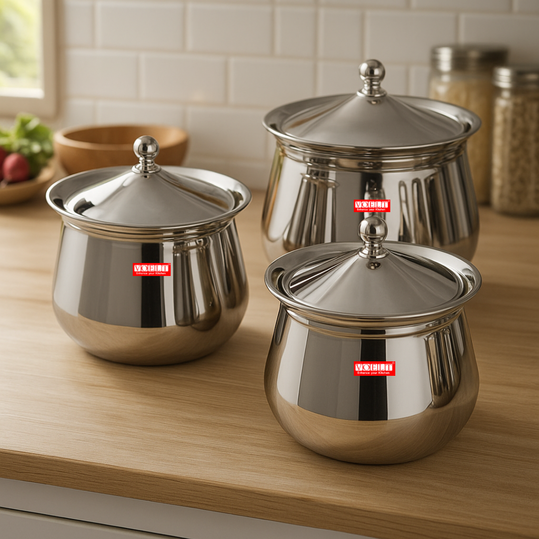 VOELT Stainless Steel Ruby Handi Set with Lid for Kitchen, Set of 3, 600ml, 1L & 1.15L, Silver