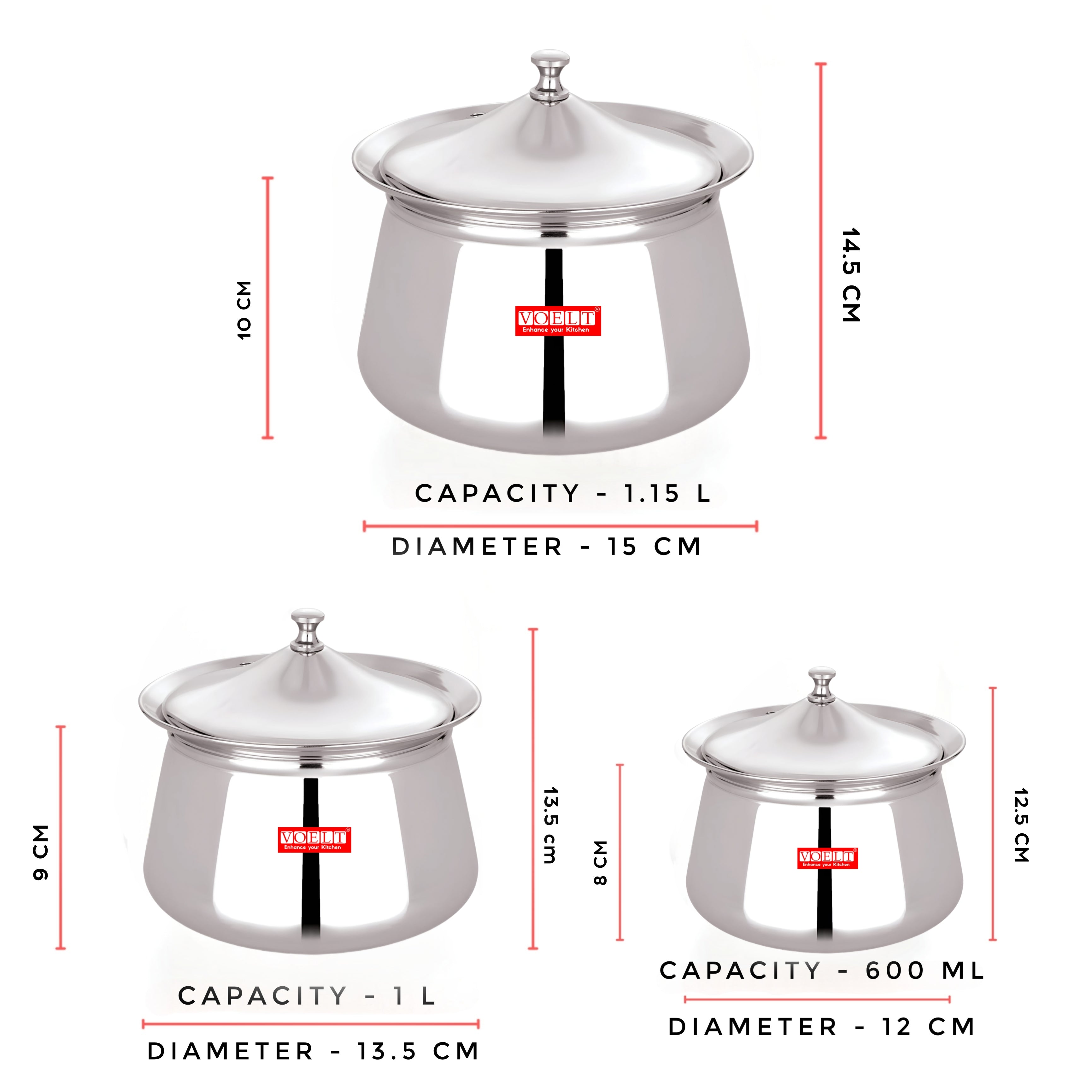 VOELT Stainless Steel Ruby Handi Set with Lid for Kitchen, Set of 3, 600ml, 1L & 1.15L, Silver