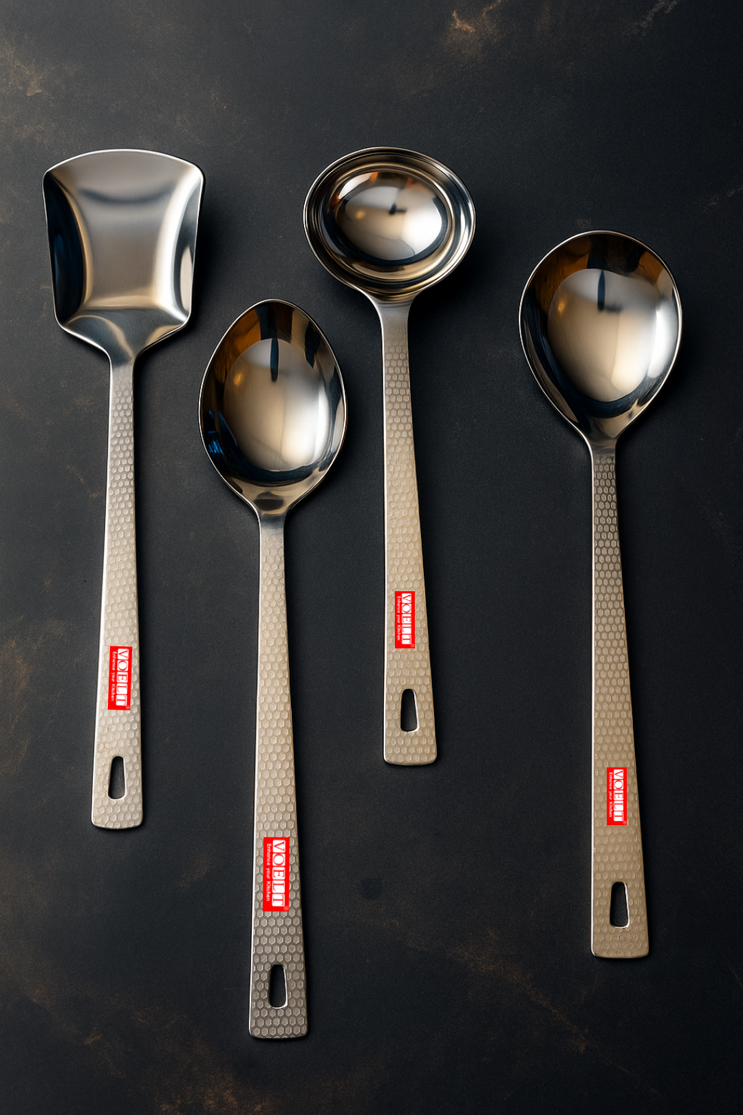 VOELT Set of 4 Stainless Steel Serving Spoons – Hammered Handle | Premium Kitchen & Dining Cutlery