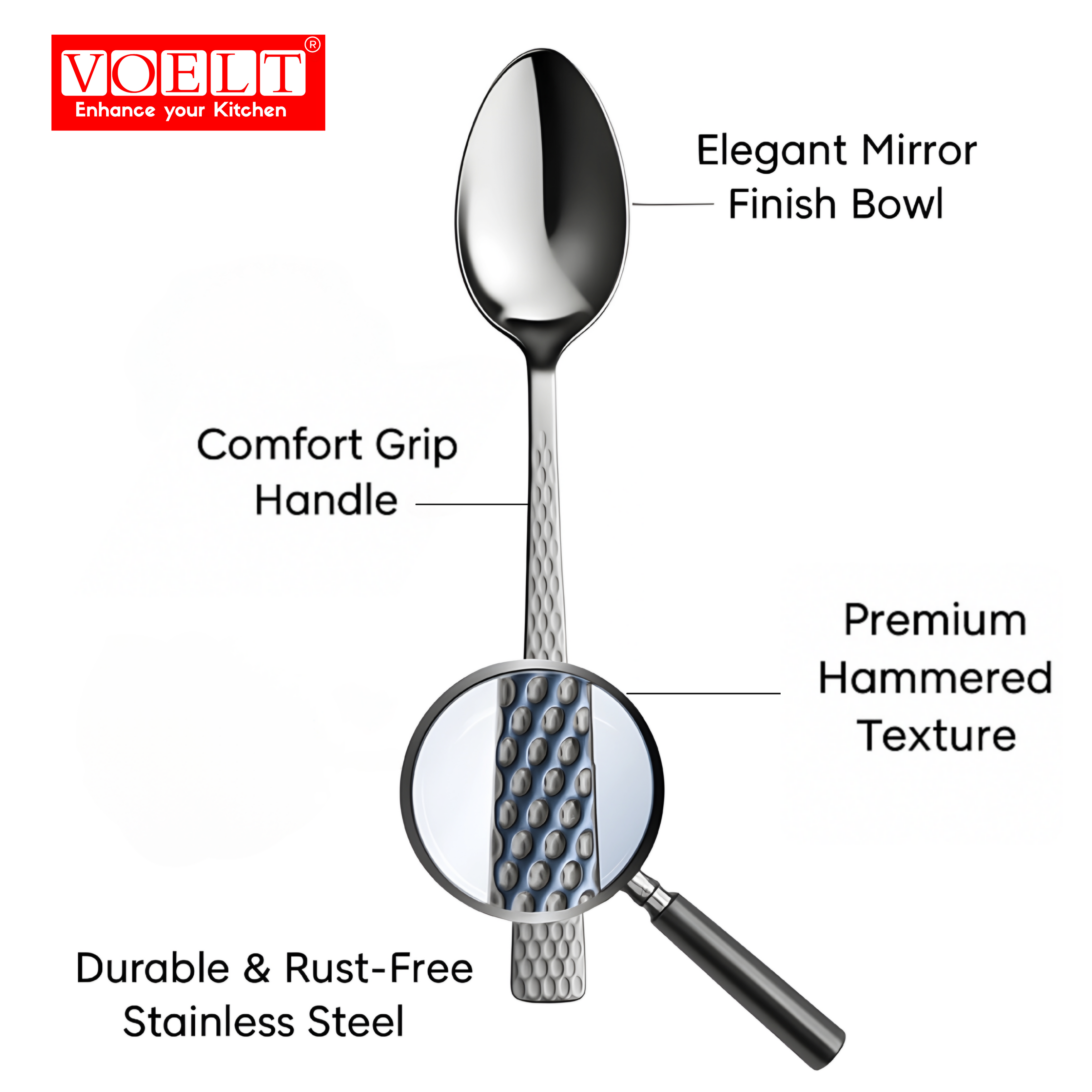 VOELT 12-Piece Hammered Stainless Steel Spoon Set - Premium Quality for Dining & Serving
