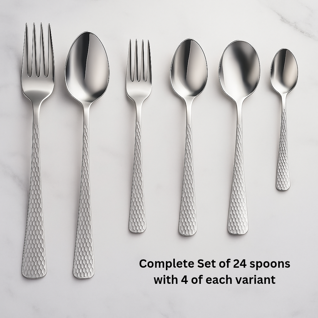 VOELT 24-Piece Stainless Steel Spoon Set | Premium Hammered Handle Cutlery for Home & Kitchen | Elegant Spoons and Forks for Dining & Gifting
