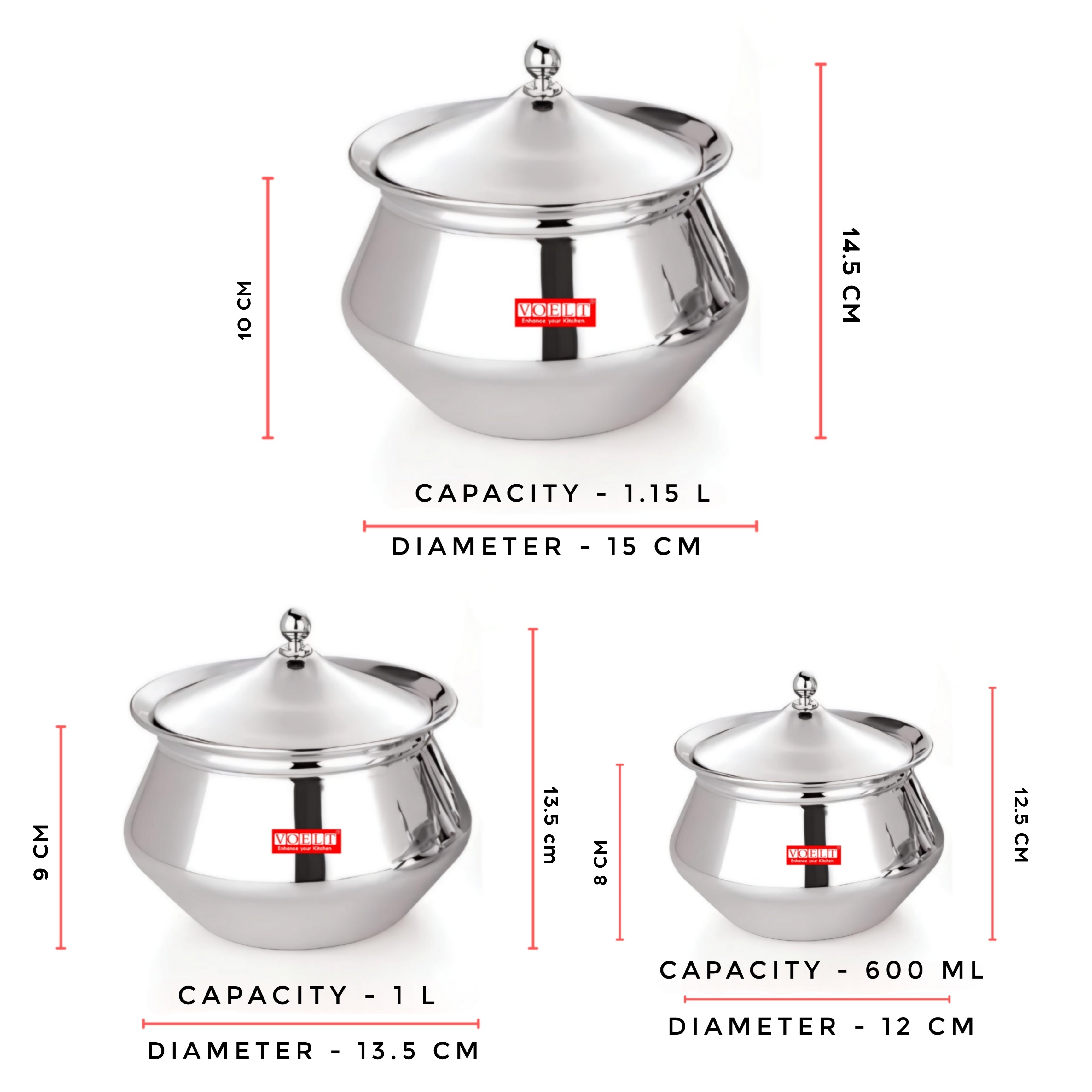 VOELT Stainless Steel Handcrafted Handi Set with Lid for Kitchen, Set of 3, 600ml, 1L & 1.15L, Silver