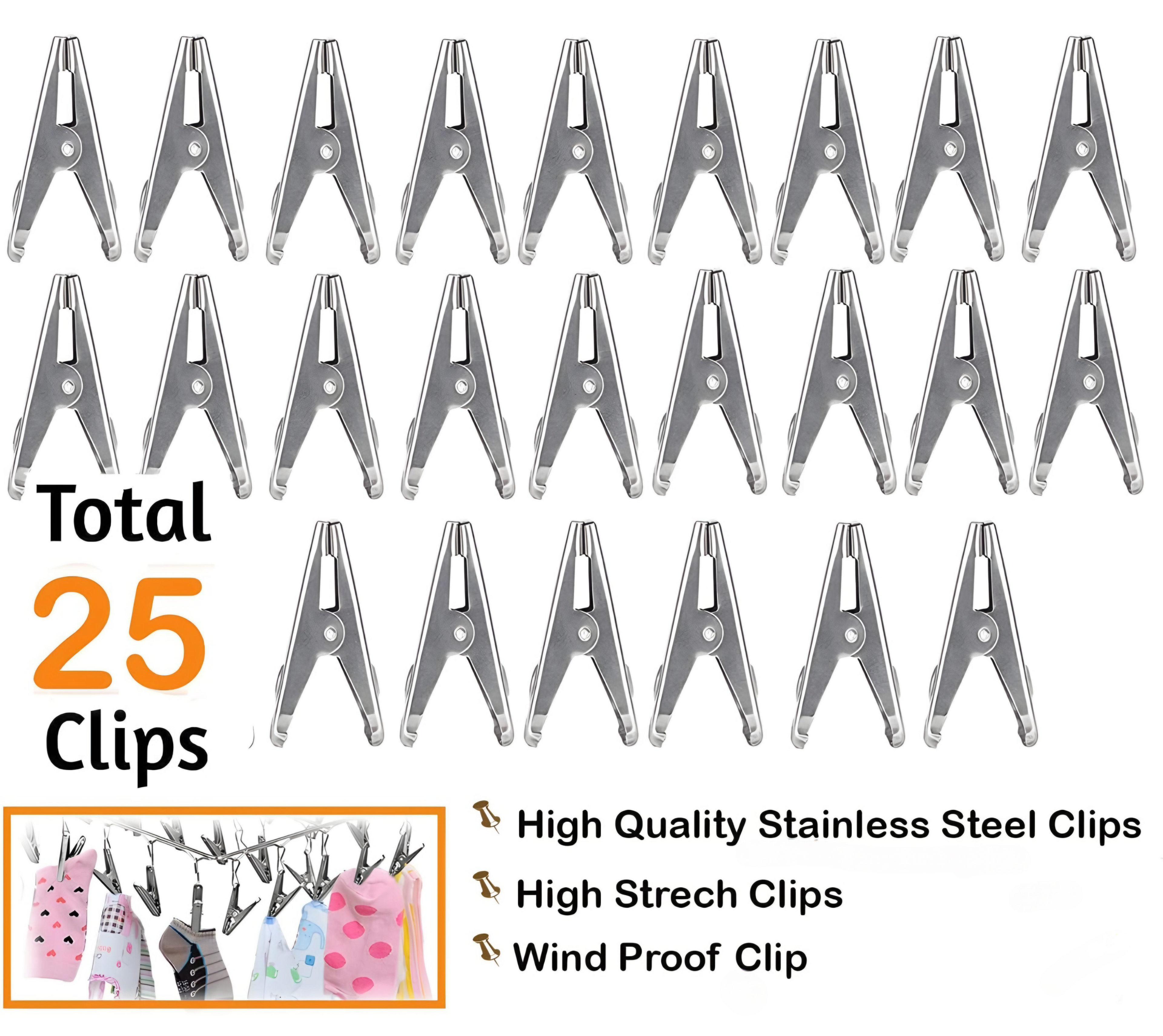 VOELT 25 Clips Stainless Steel Square Cloth Hanger | Cloth Dryer | Clothes Pegs | Stainless Steel Cloth Clips