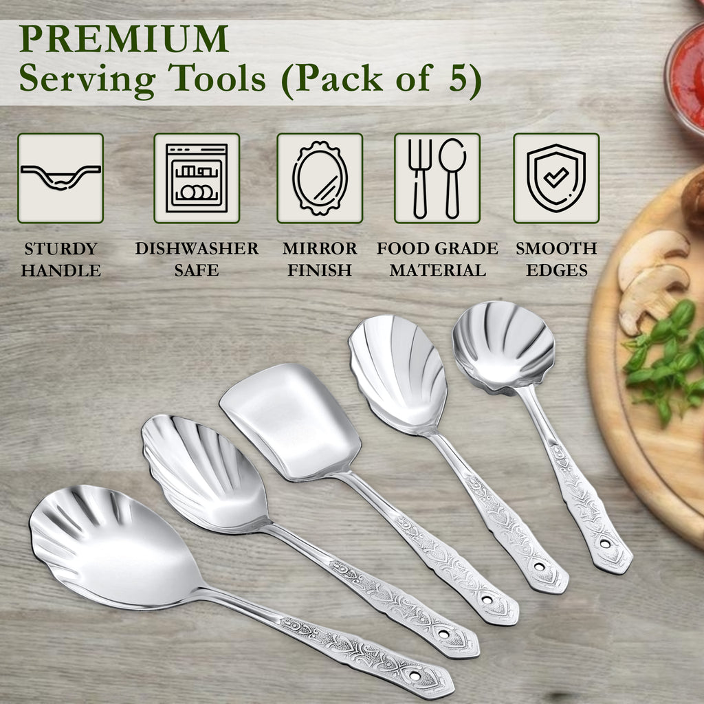 VOELT Royal Stainless Steel Serving Spoon Set – Pack of 5 | Premium Kitchen & Dining Cutlery