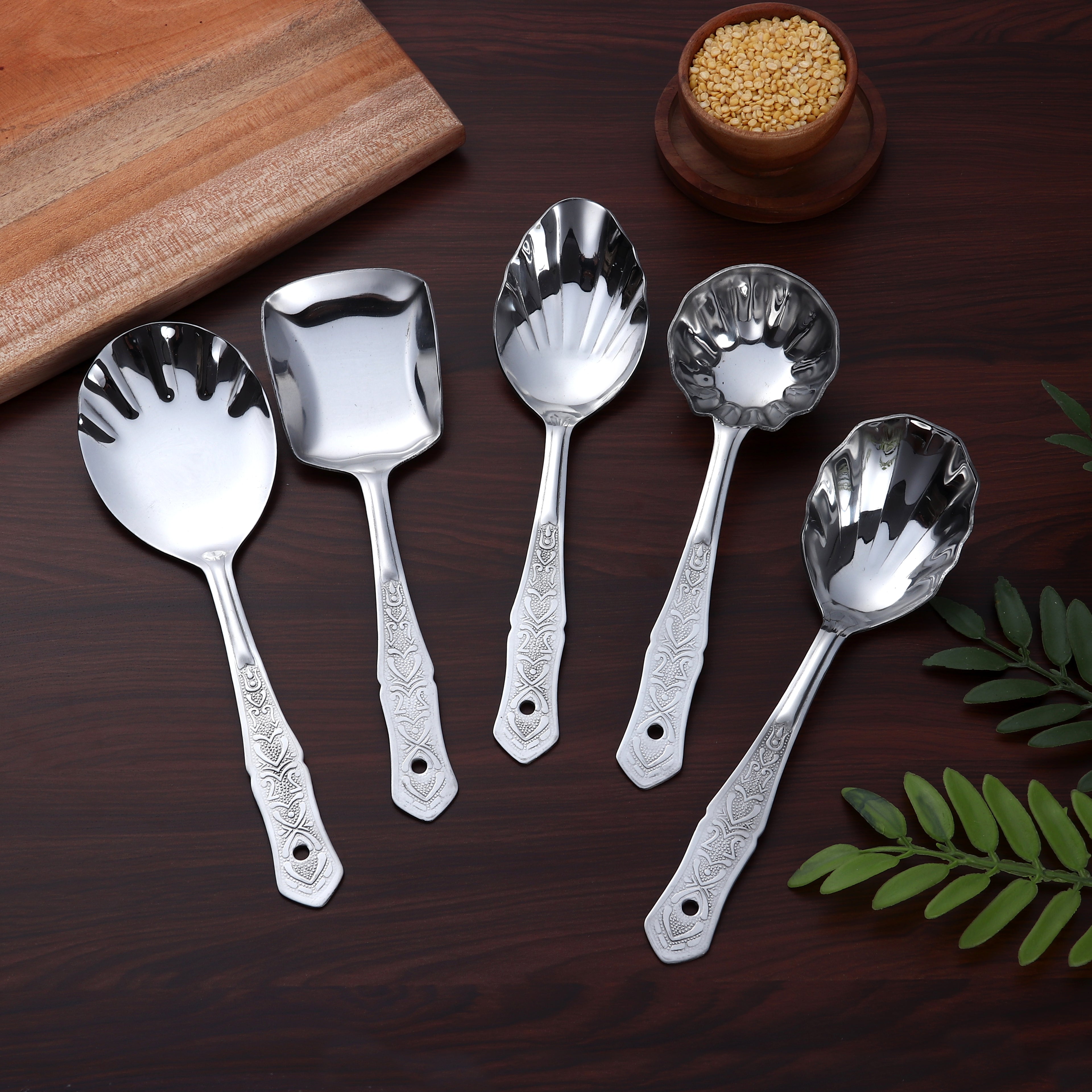 VOELT Royal Stainless Steel Serving Spoon Set – Pack of 5 | Premium Kitchen & Dining Cutlery
