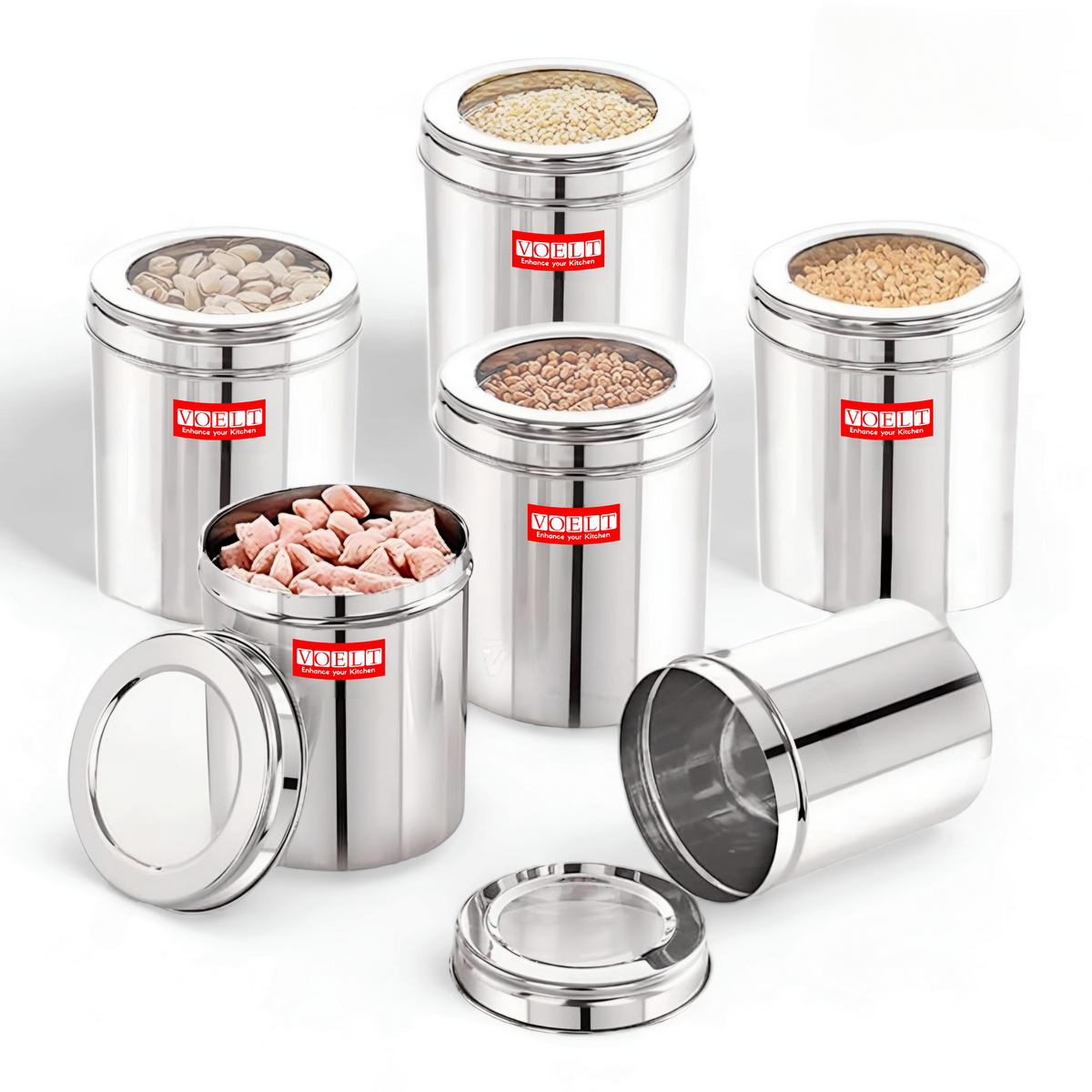 VOELT Airtight Stainless Steel Container – Ideal for Spices, Snacks, Grains- 1 kg  (Pack of 6, Silver)