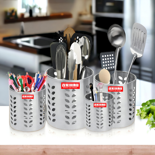 VOELT 4-Piece Stainless Steel Cutlery Set with Holder – Stylish Table Organizer or Office Desk Stand