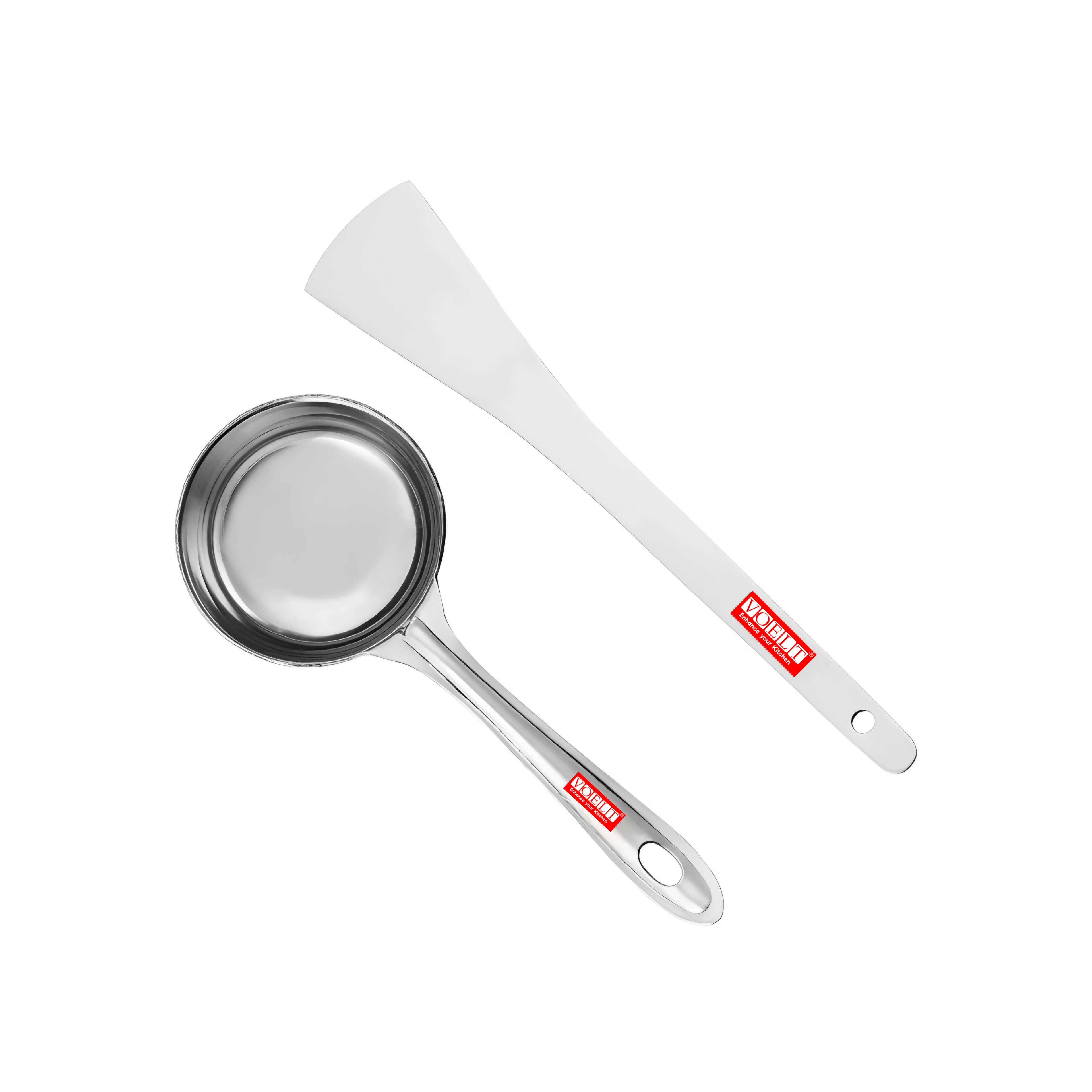 VOELT Stainless Steel Perfect Dosa making Spoon/Ladle set of 2 Pcs (1 Turner, 1 Short Pour Ladle with Flat Base), 29.3 Centimeter
