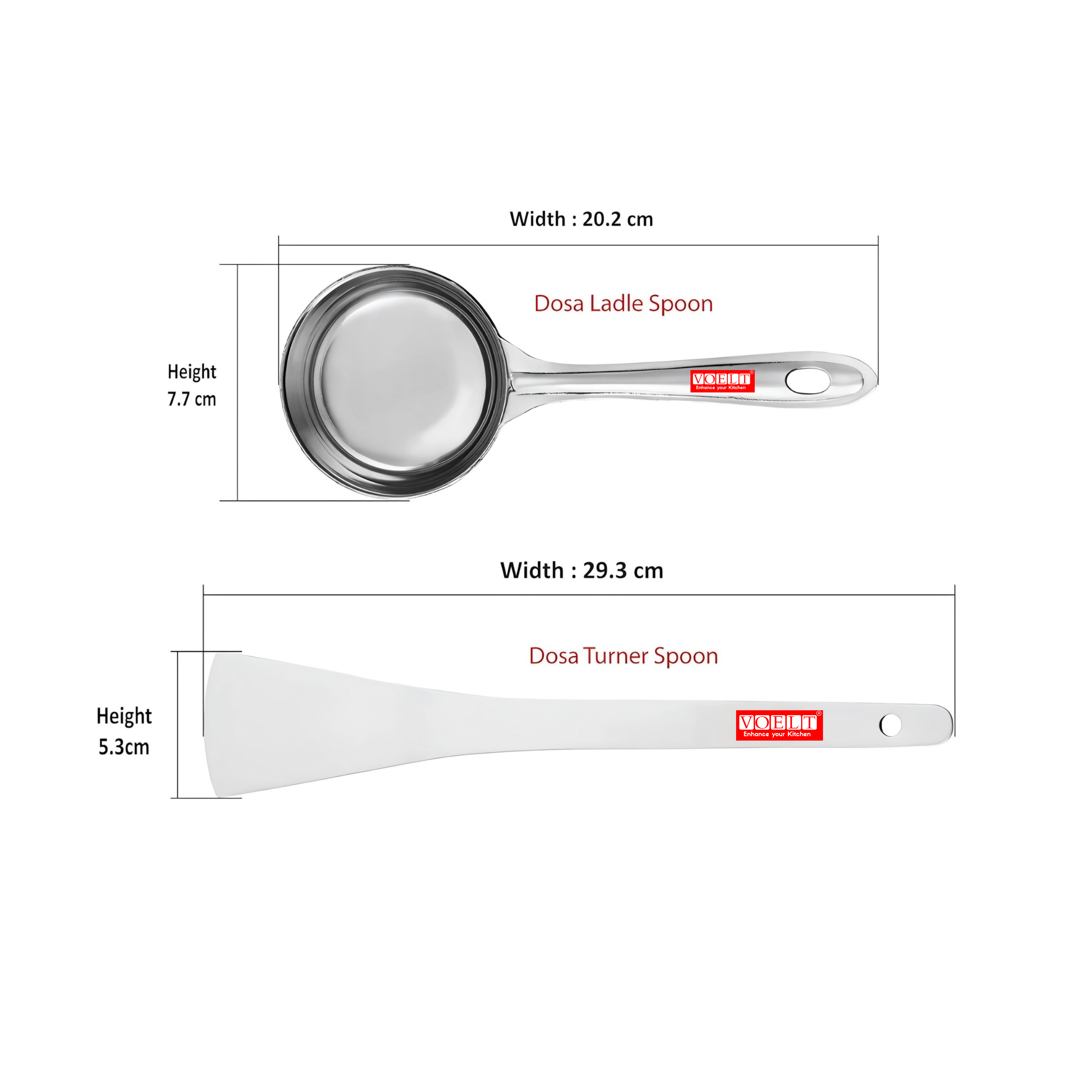 VOELT Stainless Steel Perfect Dosa making Spoon/Ladle set of 2 Pcs (1 Turner, 1 Short Pour Ladle with Flat Base), 29.3 Centimeter