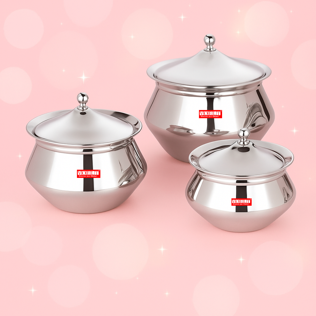 VOELT Stainless Steel Handcrafted Handi Set with Lid for Kitchen, Set of 3, 600ml, 1L & 1.15L, Silver