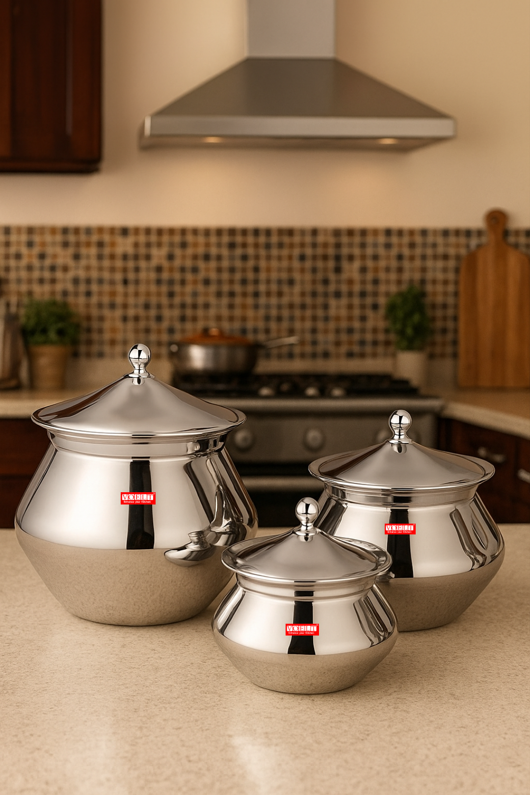 VOELT Stainless Steel Handcrafted Handi Set with Lid for Kitchen, Set of 3, 600ml, 1L & 1.15L, Silver