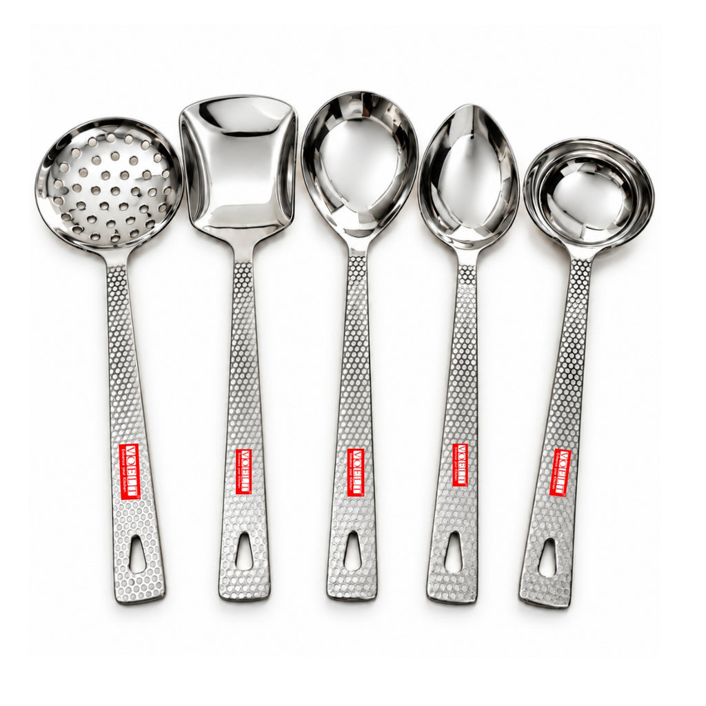 VOELT Hammered Honeycomb Pattern Stainless Steel Serving Spoon Set Pack of 5 | Premium Mirror Finish Kitchen Serving Utensils | Elegant Textured Handle | Durable & Easy to Clean