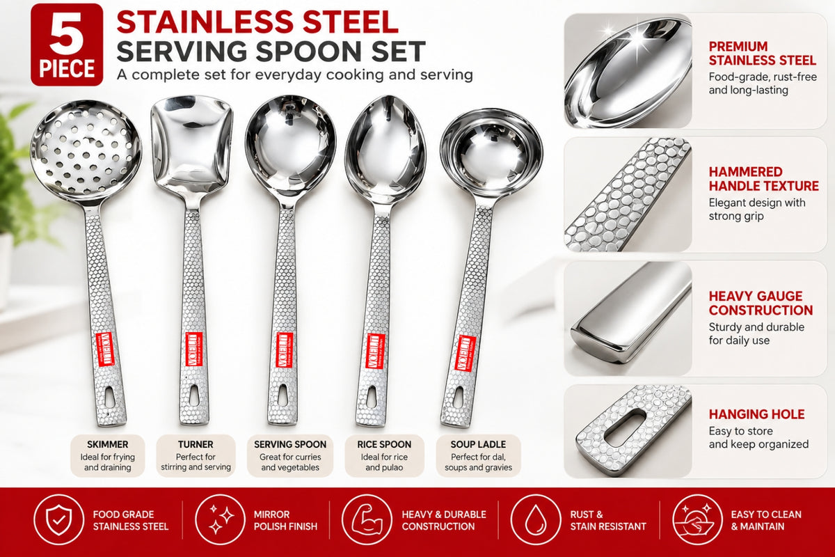 VOELT Hammered Honeycomb Pattern Stainless Steel Serving Spoon Set Pack of 5 | Premium Mirror Finish Kitchen Serving Utensils | Elegant Textured Handle | Durable & Easy to Clean