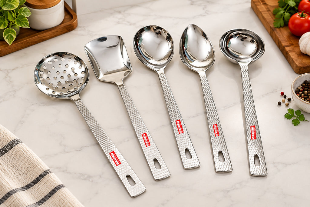 VOELT Hammered Honeycomb Pattern Stainless Steel Serving Spoon Set Pack of 5 | Premium Mirror Finish Kitchen Serving Utensils | Elegant Textured Handle | Durable & Easy to Clean
